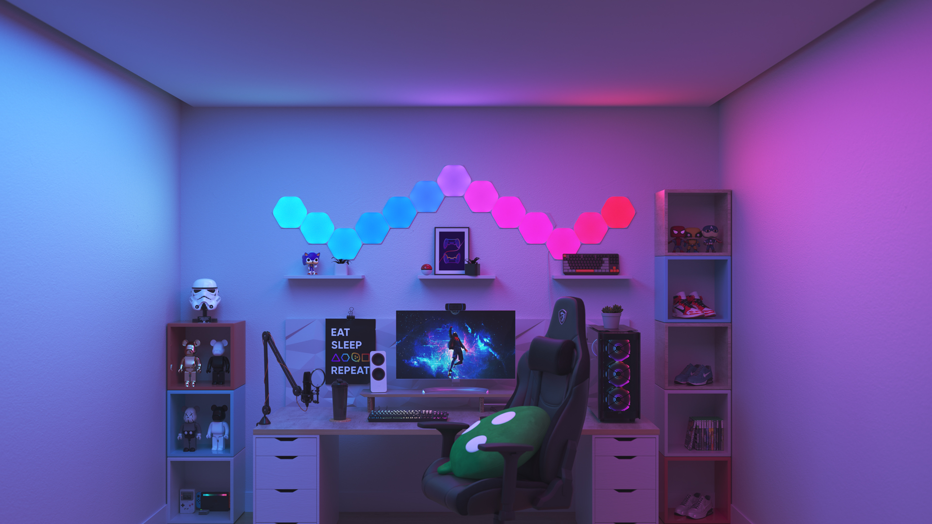 Collector style gaming setup with Nanoleaf Shapes Triangle smart home light panels above the PC monitor. The perfect gaming lights for gamers.