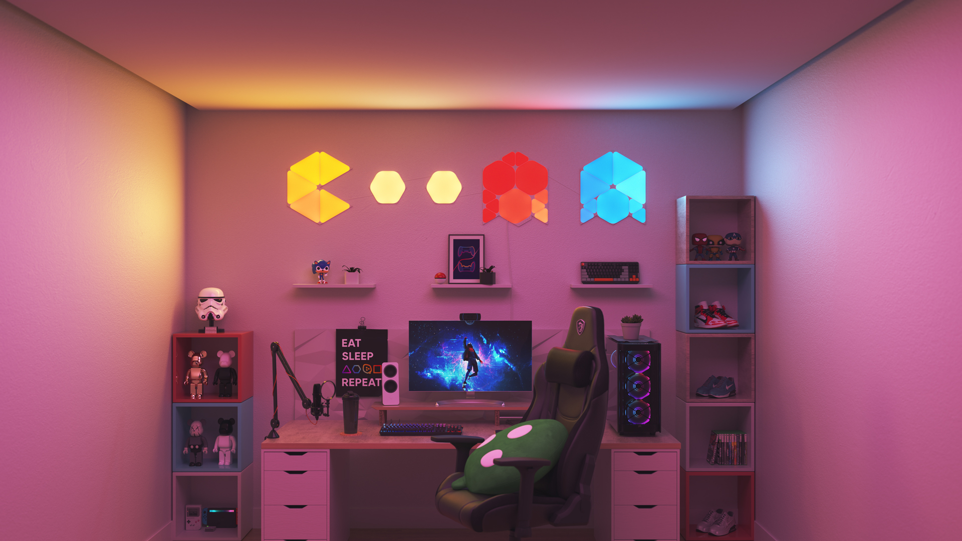 Collector style gaming setup with Nanoleaf Shapes smart home light panels above the monitor. The perfect gaming lights for PC games.