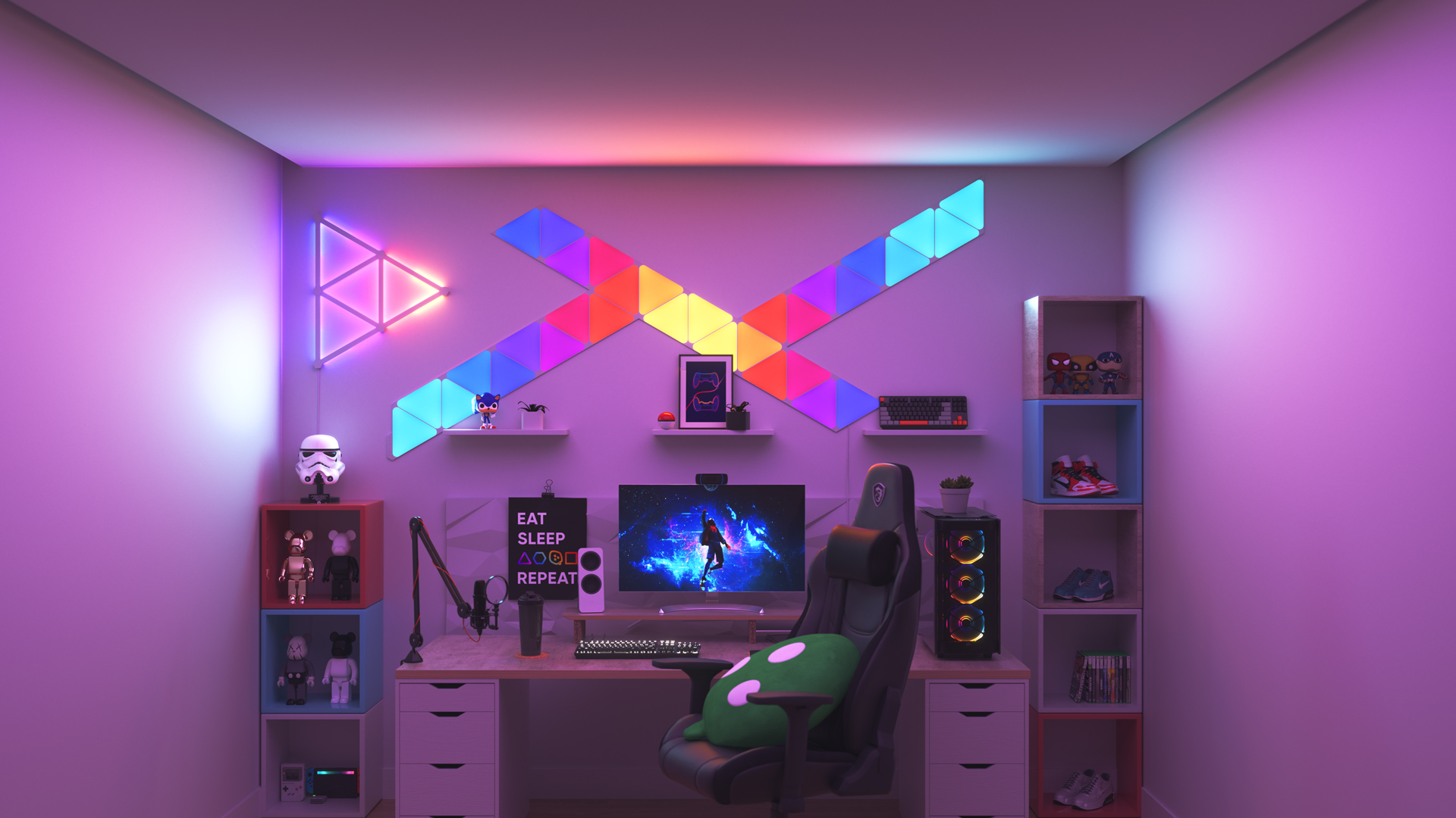 Collector style gaming setup with Nanoleaf Shapes Triangle smart home light panels above the PC monitor. The perfect gaming lights for gamers.
