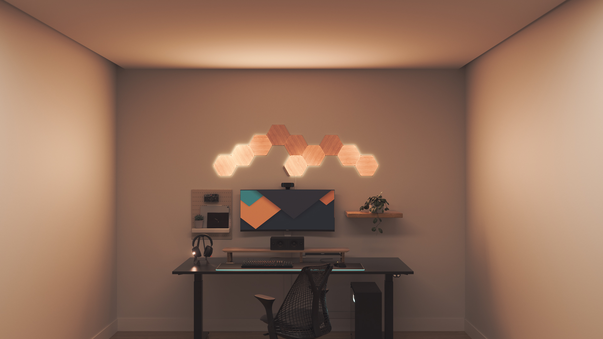 Minimalistic style gaming setup with Nanoleaf Elements Wood Look smart home light panels above the PC monitor. The perfect smart lights for your smart home.