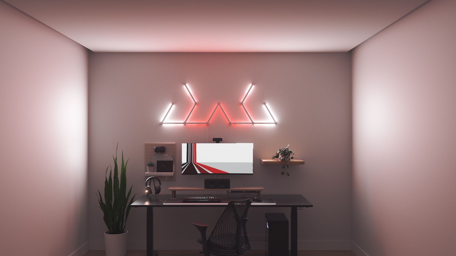 Kawaii style gaming setup with Nanoleaf Lines smart home backlit RGB light bars above the PC monitor. The perfect smart lights to complete the gamer aesthetic.