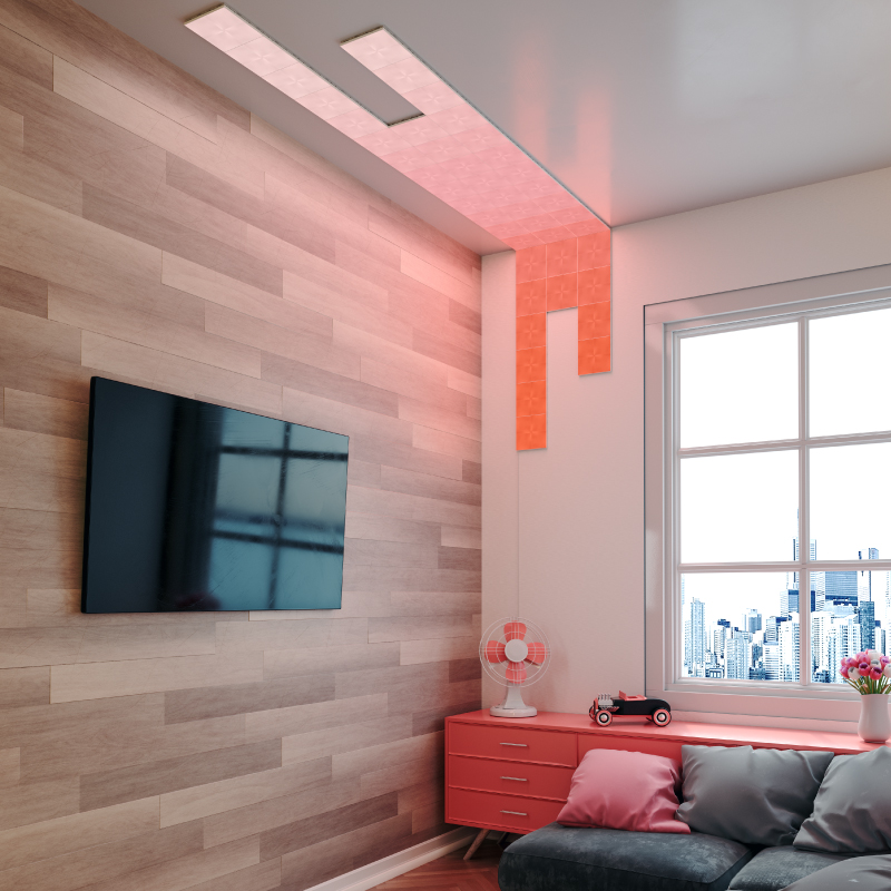 ネジ取付キットを使って壁と天井に設置した色が変化するNanoleaf Canvas組み立て式スクエアスマートライトパネル。 Philips Hue、Lifxに類似。 HomeKit、Google Assistant、Amazon Alexa、IFTTT。