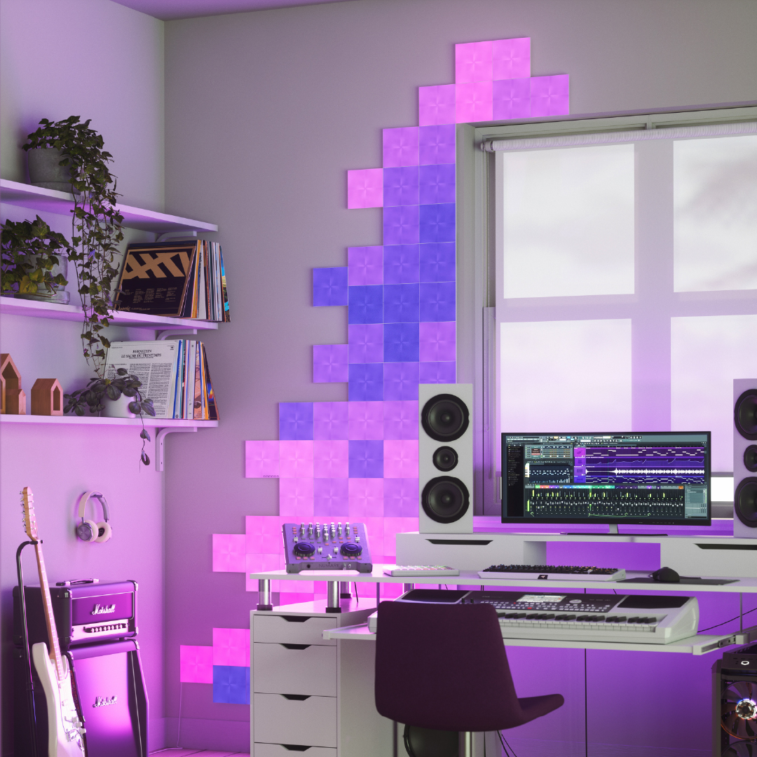 ミュージックルームの壁に設置した色が変化するNanoleaf Canvas組み立て式スクエアスマートライトパネル。 Philips Hue、Lifxに類似。 HomeKit、Google Assistant、Amazon Alexa、IFTTT。