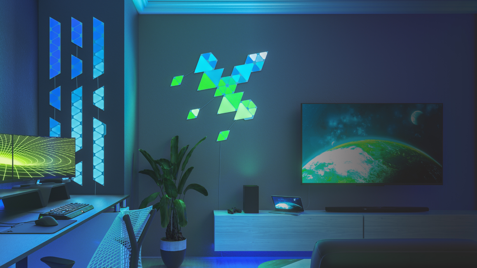 This is an image of Nanoleaf Shapes Triangles and Mini Triangles on the wall beside the left hand side of the TV in a living room and Nanoleaf Shapes Mini Triangles on a separate wall. The RGB light designs are connected together with linkers and flex linkers and mounted onto the wall with double-sided tape. The perfect living room lights for creating the ultimate entertainment experience.